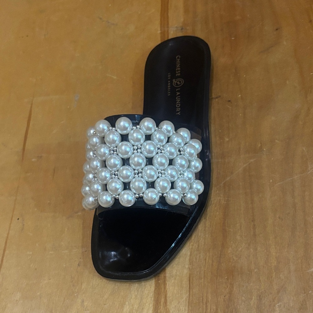 Chinese Laundry Black Sandals with Pearl Embellishments